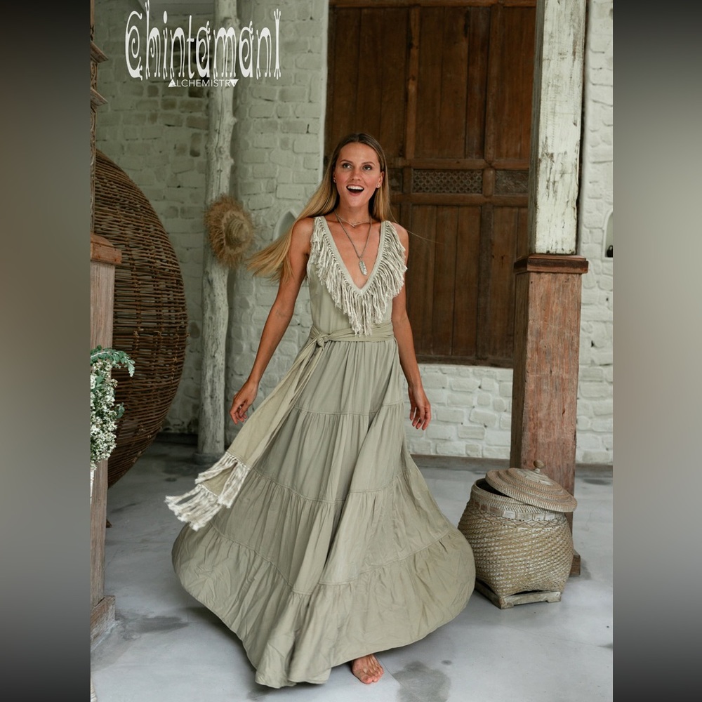 Chintamani Handmade bohemian tiered maxi dress with fringes